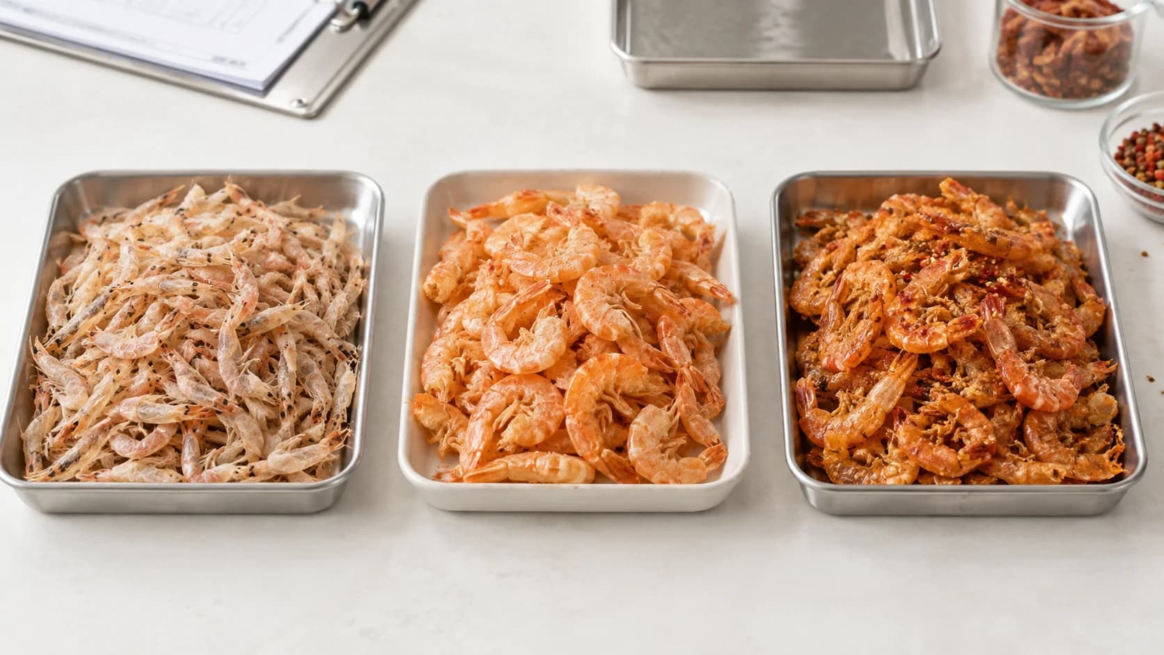 未调味干虾、蒸煮后干制虾和调味即食干虾三种商品状态对比
